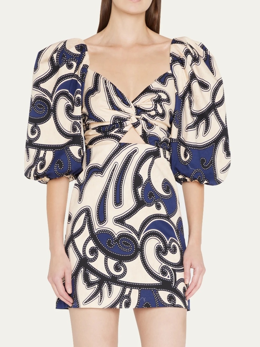 Alexis Navy and Beige Swirl Puff-Sleeve Mini Dress - Iana Dress